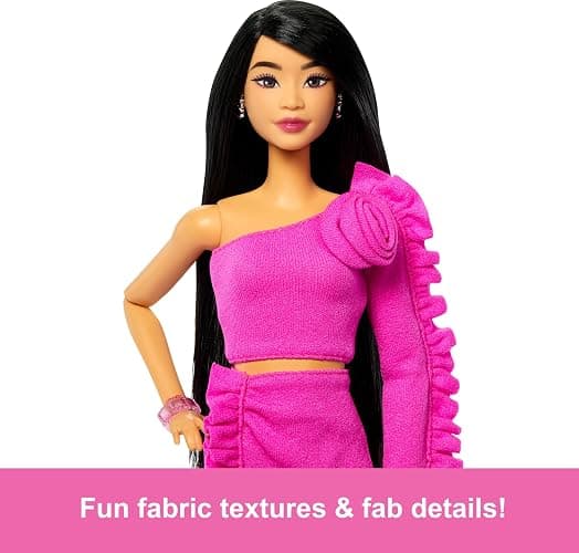 Barbie Deluxe Style Doll #2 in Barbiecore Outfit, Black Hair and Glittery Prosthetic Leg, Pink Top and Skirt Set with Rosette Detail and Accessories thumbnail 5