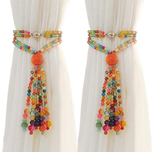 Magnetic Curtain Tiebacks, 2 Pack Colorful Agate Tassel Curtain Drapery Holdbacks, Boho Curtain Ties for Home Office Decorative - Image 1