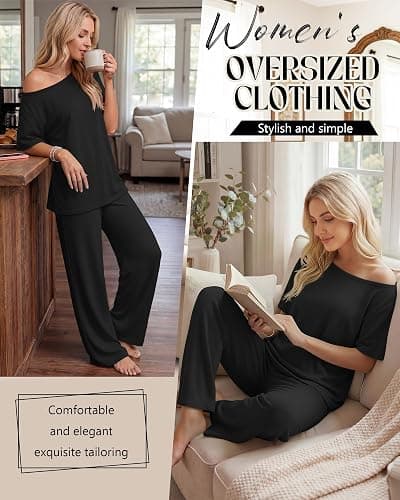 JoyMotion Women’s 2 Piece Lounge Sets Off Shoulder Oversized Matching Outfit Short Sleeve Tops Casual Wide Leg Pant Set thumbnail 2