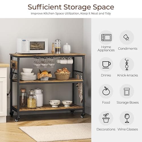 Yaheetech Kitchen Island Cart with Power Outlet, Kitchen Carts on Wheels with Storage, 3-Tier Microwave Stand with Foodpads, Glass and Mug Holders, 8 Hooks, Rustic Brown thumbnail 6