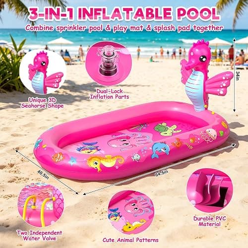 AZDYJL Splash Pad for Toddlers, 3-in-1 Seahorse Inflatable Baby Pool Sprinkler for Kids, Baby Splash Pads Outdoor Play Mat, Backyard Summer Water Toys Birthday Gift for 1+ Year Old Girls Kids thumbnail 4