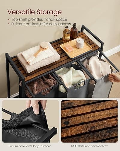 VASAGLE Laundry Hamper, Laundry Basket, Laundry Sorter with 3 Pull-Out and Removable Bags, Shelf, Metal Frame, 3 x 10.6 Gallons (40 L), 36.4 x 13 x 28.4 Inches, Tricolor and Rustic Brown UBLH301X01 - Tricolor + Rustic Brown - 120 L thumbnail 5