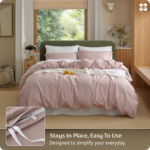 Bedsure PureWoven 100% Washed Cotton Duvet Cover Set, Queen Size, 3-PC | Linen Like Texture, Percale Breathable Bedding Set for All Seasons, Zipper Closure, 8 Corner Ties, Petal Pink, 90" X 90" thumbnail 4