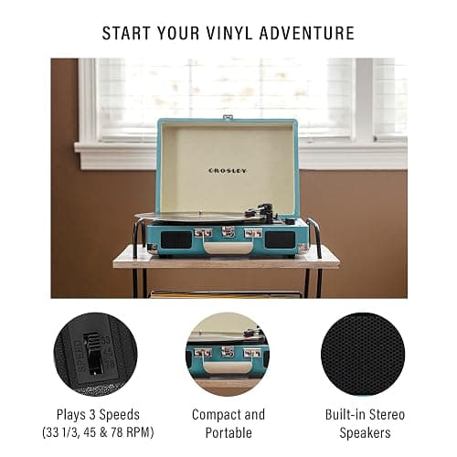 Crosley CR8005F-TU Cruiser Plus Vintage 3-Speed Bluetooth in/Out Suitcase Vinyl Record Player Turntable, Turquoise/White thumbnail 2