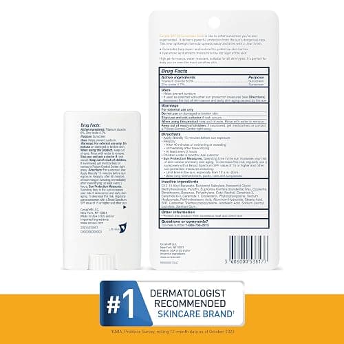 CeraVe Mineral Sunscreen Stick SPF 50, Broad Spectrum SPF + Hyaluronic Acid + Ceramides, Titanium Dioxide & Zinc Oxide, 100% Mineral Face Sunscreen Stick, Fragrance Free & Oil Free thumbnail 6