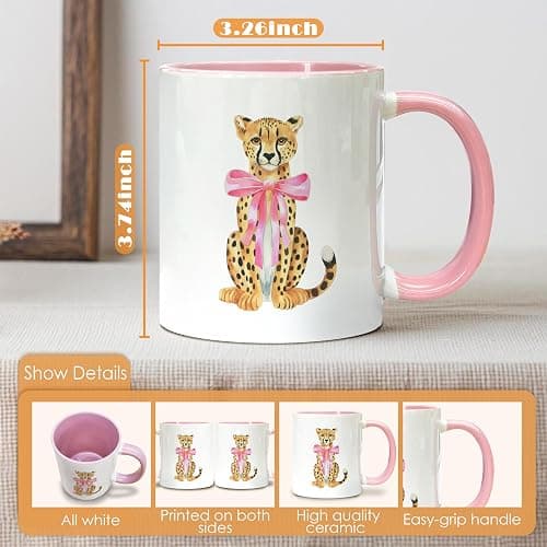 Foyoulame Pink Bow Decor Leopard Coffee Mugs - Leopard Mug, Preppy Coquette Cheetah Coffee Teacup, Trendy Girly Gifts for Women Girls, Pink Preppy Coquette Bow Cheetah Ceramic CoffeeMug 11oz thumbnail 3