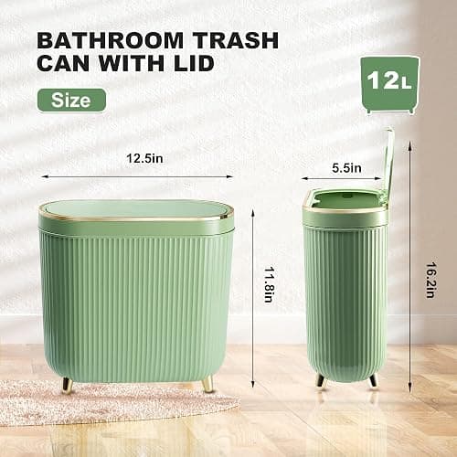 Supteron Bathroom Trash Can with Lid 3.2 Gallon Narrow Trash Can Small Plastic Trash Bin 12 Liter with Press Type Lid for Bedroom Bathroom, Mint Green thumbnail 2