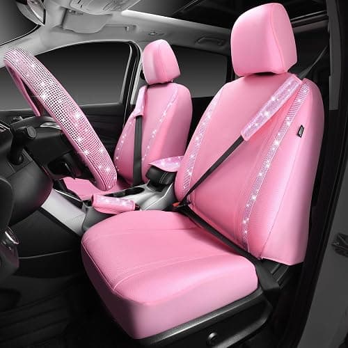 CAR PASS 24 PCS Pink Bling Diamond Accessories Set for Women, Leather Seat Covers, 15'' Steering Wheel Cover, Shining Rhinestone Sparkly Hooks, Coasters, Cute Interior Decorations thumbnail 2