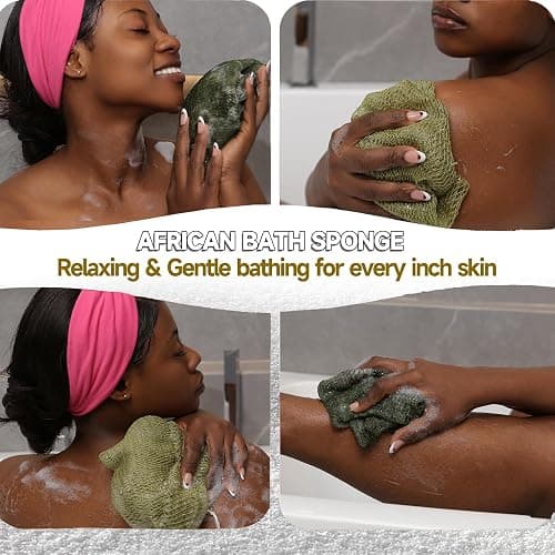 SubSahara Authentic African Net Sponge - 2 Pieces Exfoliating Scrubber for All Skin Types, Bath Sponge for Face & Body, Travel Portable, Durable, Gentle Exfoliation (Olive Green & Light Green) thumbnail 2