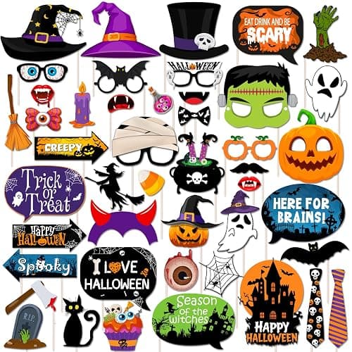 45Pcs Halloween Photo Booth Props Kit, Scary Halloween Photo Booth, Selfie Props for Dress Up Party Costumes Accessories Hallo ween Party Decorations - Image 1