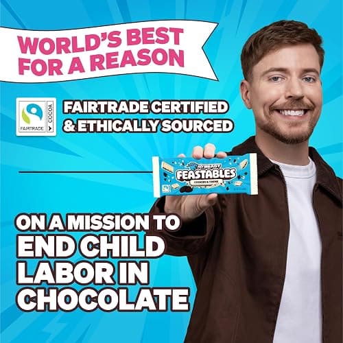 MrBeast Feastables Cookies & Creme Chocolate Bar, King Size, 10 Count, White Chocolate with Cookie Pieces, Fairtrade Cocoa, 2.1oz Each thumbnail 5