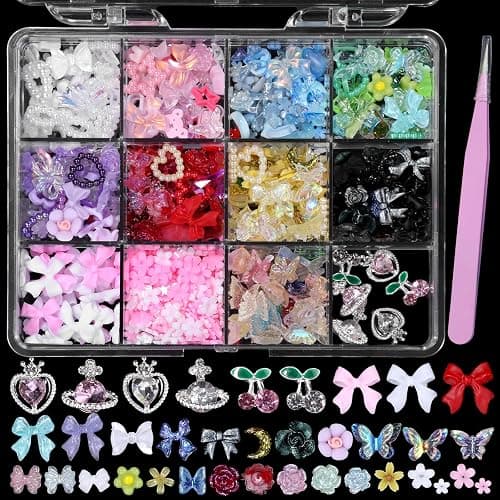 3D Nail Charms and Gems Rhinestone Cherry Heart Planet Nail Charms, Junk Case Charms, Assorted Bows Flowers Butterfly Rose Star Heart Hollow Nails Art Charms for Nails Art DIY - Image 1