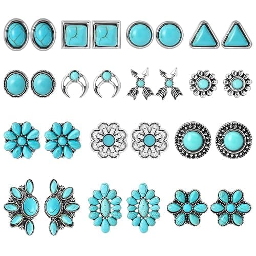 NEWITIN 14 Pairs Turquoise Stud Earrings for Women Hypoallergenic Earring ‌Turquoises Jewelry Gemstone Oval Round Flower Shape Square Studs Turquoise Earrings for Women - Image 1