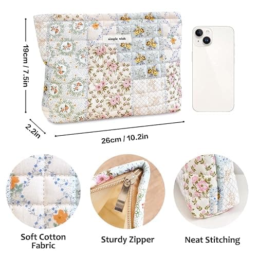 STARDW Cute Cotton Quilted Makeup Bag Cosmetic Bags for Women and Girls,Travel Toiletry Bag Floral Makeup Zipper Pouch, Purse Organizer Pouches,Canvas Lining (Cotton Floral) thumbnail 4