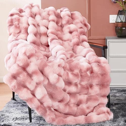 Luxury 1000GSM Faux Rabbit Fur Throw Blanket for Woman, Super Heavy Warm Cozy Blankets for Her for Couch Bed Sofa, Bubble Plush Fuzzy Elegant Soft Reversible Mink Blanket for Living Room Bedroom, Pink thumbnail 6