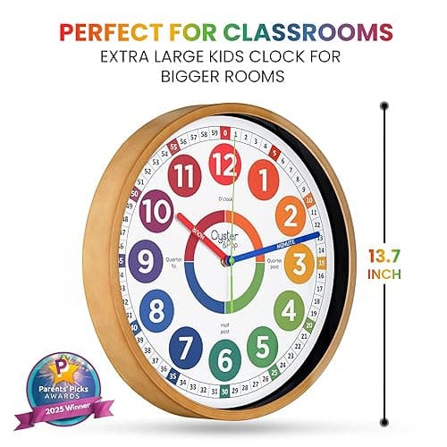 Oyster&Pop Extra Large Learning Clock for Kids - 14 Inch Silent Analog Classroom Clock - Kids Room Decor - Makes Teaching Time Easy - Multicolor - 14 inch thumbnail 2