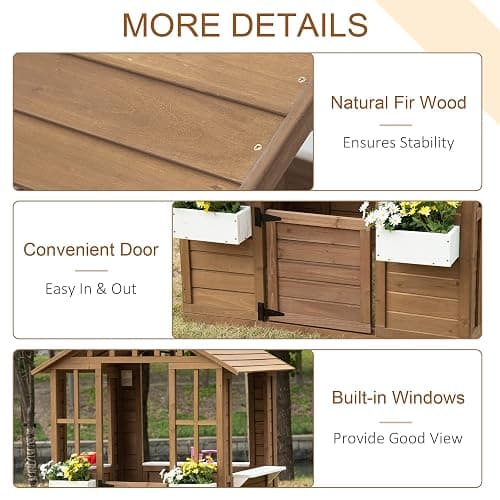 Outsunny Kids Outdoor Playhouse, Wooden Cottage with Door & Windows, Brown | Flower pot holder and boxes, garden games cottage for ages 3-8 thumbnail 6