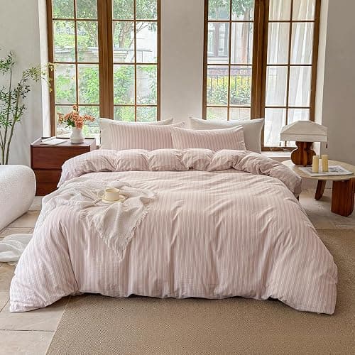 BESTDESIL Striped Duvet Cover Set,100% Washed Cotton Linen Like Comforter Cover,Breathable,Durable,Comfy(Strip-Greyish Pink/White,Queen Size) thumbnail 2