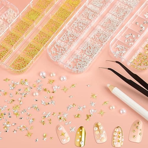 NEBURORA Gold and Silver Caviar Nail Art Beads Pearls Metal Nail Art Set | Flat-Back Pearls (White + Beige) , Multi-Shape Metal Nail Art Gemstone Set, with Tweezers and Pickup Pen, Mixed Sizes 0.6-2mm thumbnail 6