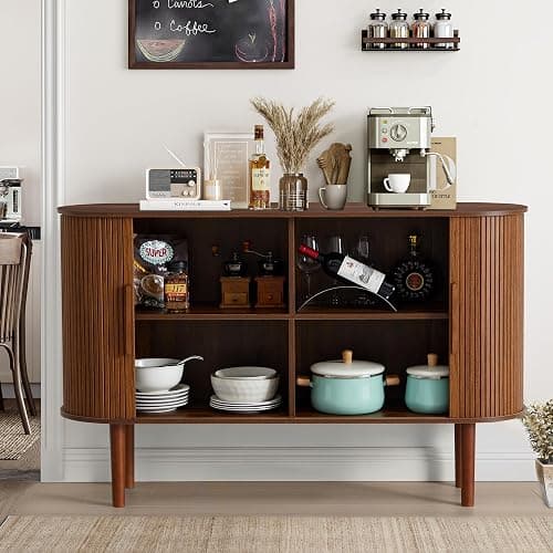 XUZENEST 53''Sideboard Buffer Cabinet with Fluted Slide Doors, Modern Credenza Storage Cabinet, Tambour Bar Console Table for Living Dining Room Kitchen Hallway Entryway, Walnut thumbnail 5