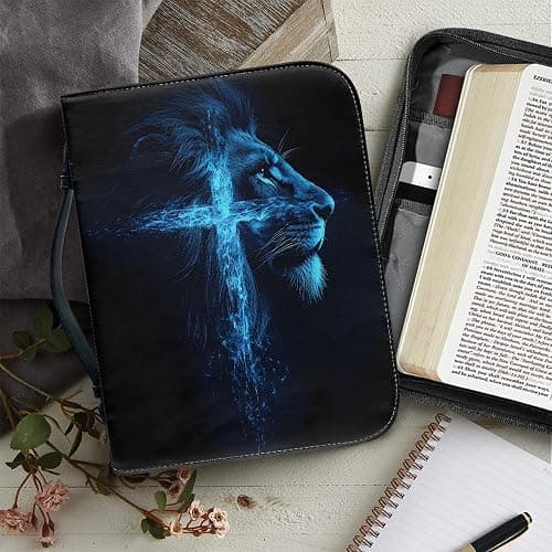Xernbit Lion Cross Boys Bible Case Bible Cover for Men Leather Lion Print Bible Cover Leather Bible Case for Men Bible Carrier Blue Cross Bible Covers for Men Medium 9x6 thumbnail 2