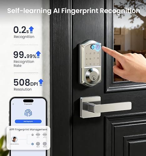 Veise VE017 Fingerprint Smart Door Lock, App Control, 8-in-1 Keyless Entry, Auto Lock, Emergency Power Port, Electronic Touchscreen Keypad, Biometric Smart Locks for Front Door, Satin Nickel thumbnail 11