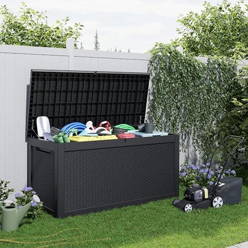 PatioZen 320 Gallon Resin Deck Box, Lockable Patio Outdoor Storage Box for Furniture, Garden Tools and Tools Storage, Waterproof Outside Storage Boxes - Black thumbnail 6