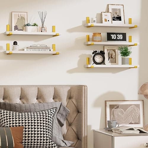 Fixwal Floating Shelves Set of 5, Width 4.7 Inches Wall Shelves, Rustic Wood Wall Storage Shelves for Bedroom, Living Room, Kitchen, Bathroom, Home Decor, Laundry Room, Office and Plants (White Gold) thumbnail 5