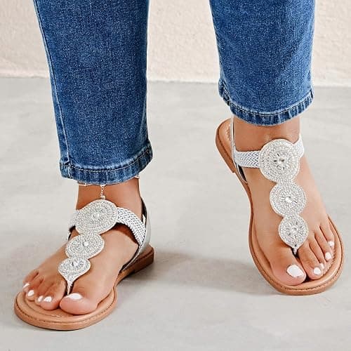 Luoika Women's Wide Width Flat Sandals, Flip Flop Thong Strappy Rhinestone Comfortable Summer Beach Shoes thumbnail 2