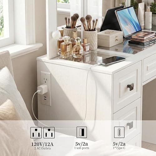 FUSUNBAO White Lighted Vanity Desk, Tri-Fold Mirror, 5 Drawers, Outlets | Retro Dressing Table with Lights, 5-Drawer Vanity Desk for Women & Girls, Vintage with Glass Top,Hair dryer holder thumbnail 3