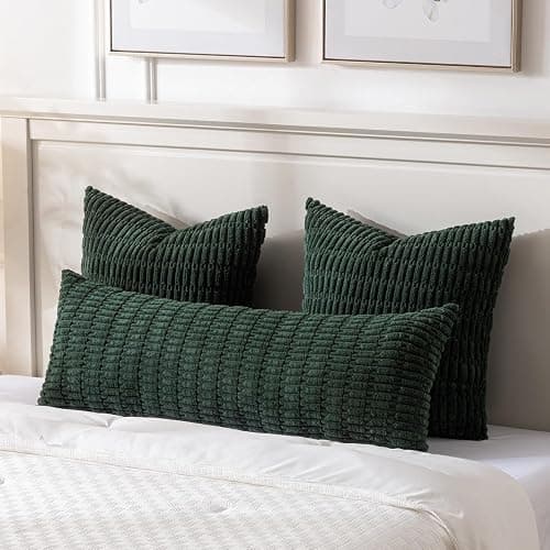 Fancy Homi Decorative Throw Pillow Covers for Bed Couch Bedroom Bench, Soft Corduroy Solid Pillow Case, Rustic Farmhouse Boho Room Decor,54" x 20" (Pack of 1),Dark Green thumbnail 2