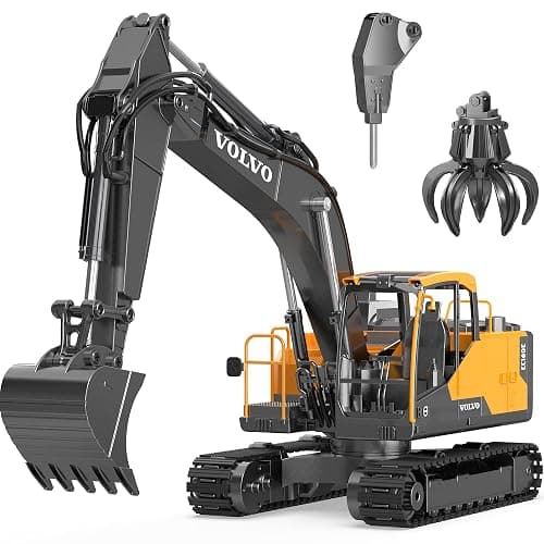 DOUBLE E Volvo 1:16 RC Excavator Toy,3 in 1 Construction Toys, 360°Rotation,Toys Digger with Metal Shovel Drill Grab RC Construction Vehicles for Kids Adults - Image 1