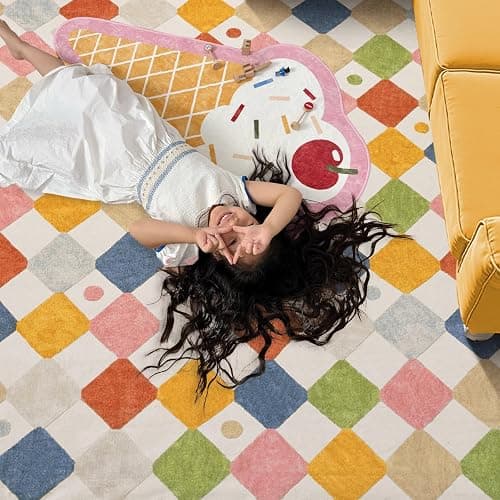 jinchan Macy 5x7 Area Rug for Kids Room Modern Colorful Checkered Diamond Nursery Rug Indoor Washable Soft Non Slip Carpet for Playroom Classroom Bedroom Dorm Daycare Living Room Circus on Cream thumbnail 8