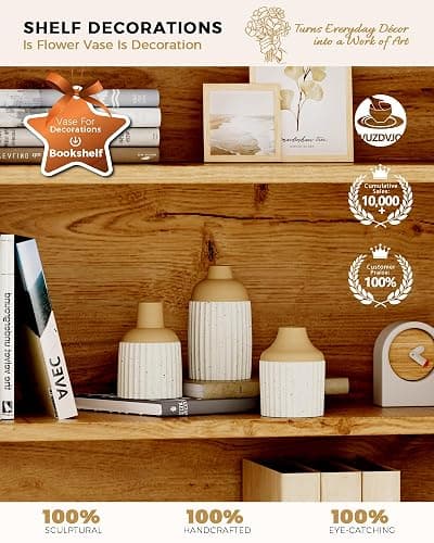 Beige Decorative Vase Set of 3 - Modern Boho Style Ribbed Ceramic Bud Vases for Flowers, Mini Small Vases for Shelf, Shelves, Bookshelf, Entryway Table & Home Decor Aesthetic (Beige White) thumbnail 5