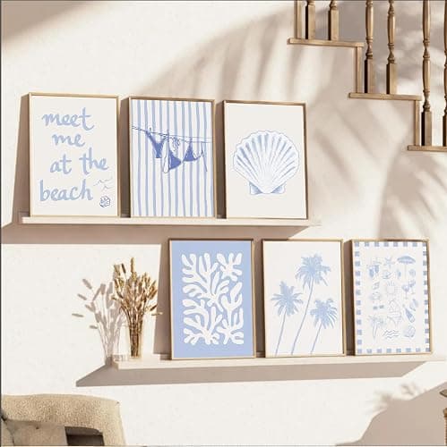 6Pcs Coastal Granddaughter Wall Art Blue Shell Bikini Wall Decor Starfish Palm Tree Poster Prints Artwork Meet Me At The Beach Preppy Aesthetic for Girly Room Dorm Apartment Home Decoration thumbnail 4