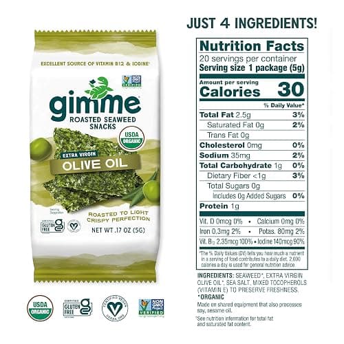 Gimme Seaweed Organic Premium Roasted Seaweed Snacks, Extra Virgin Olive Oil, 20 Count, Keto, Vegan, Gluten-Free, Great Source of Omega3s and Iodine, Healthy On-The-Go Snack for Kids and Adults thumbnail 2
