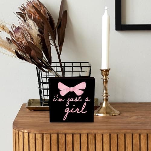 CUANFDDSF Trendy Black Pink Bow Coquette Room Decor Wooden Box Sign, Coquette Party Decor, Girls Room i’m Just a Girl Girly Bowknot Signs for Home Dorm Wall Desk Shelf Tabletop Decoration thumbnail 6