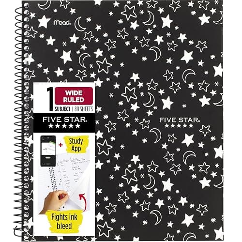 Five Star Spiral Notebook + Study App, 1 Subject, Wide Ruled, 8" x 10-1/2", 80 Sheets, Fights Ink Bleed, Water Resistant Cover, Black Stars Glow in the Dark (930020F) - Image 1