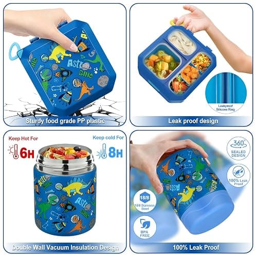 wiwens Bento Lunch Box for Kids with 12oz Soup Thermo Leak-Proof Lunch Food Container with 5 Compartment Thermo Hot Food Jar and Insulated Lunch Bag for Kid Toddler Girls Boys to School thumbnail 3