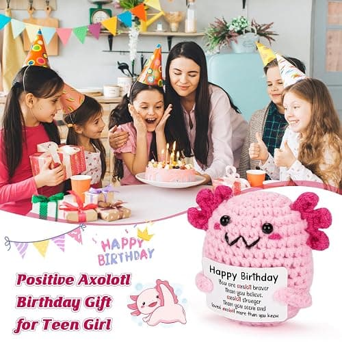WEYON Birthday Gifts for Teen Girls, Mini Crochet Axolotl Décor Gift for 14 15 16 Year Old Girl, Cute Birthday Gift Cards for Daughter Kids Teenager from Dad Mom, Pink Presents thumbnail 6