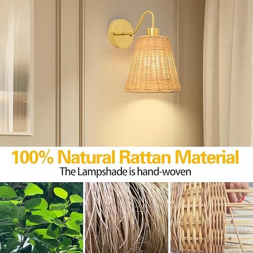 Rattan Battery Operated Wall Sconces set of Two,Rechargeable Wall Sconces with 5000mAh Dimmable Bulb and Remote,LED 12 Colors Boho Wall Lighting with Remort for Bedroom Living Room Hallway Wall Decor thumbnail 8