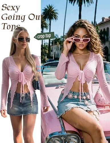 Avidlove Women Mesh Crop Top Y2K Tie Front Tops Rave Top Sheer Cardigan | Plunge tie front top, lettuce trim edge, flared cuff sleeve, soft sheer mesh, chic edgy look, rave club party vacation outfit thumbnail 3