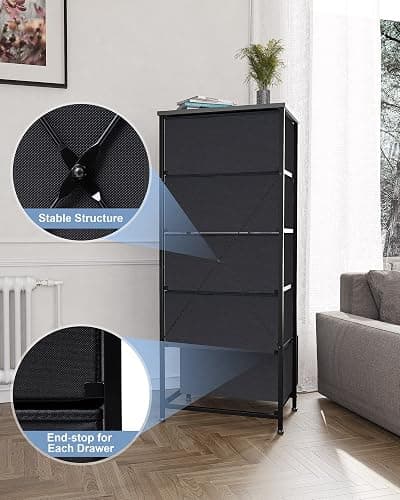 Crestlive Products Vertical Dresser Storage Tower - Sturdy Steel Frame, Wood Top, Easy Pull Fabric Bins - Organizer Unit for Bedroom, Hallway, Entryway, Closets - 5 Drawers(Black) thumbnail 7