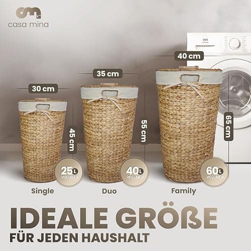 Casa Mina® Wäschekorb mit Deckel | Atmungsaktiver Wäschekorb geflochten aus 100% Naturfaser I Robuster Wäschesammler mit Griffen & waschbarem Innensack I Wäschekörbe (Natur, 30 x 44cm) thumbnail 2