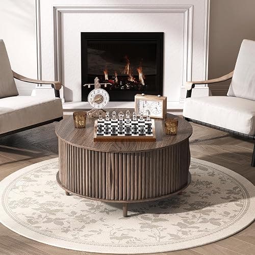 JOINICE,Round Coffee Table with Storage,Fluted Center Table with Sliding Cabinet Door for Living Room,Home Small Space,31.5" Small Center Table,Walnut thumbnail 5