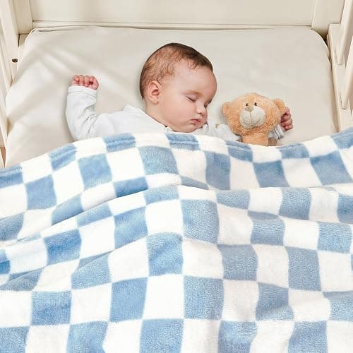 Yurhap Checkered Baby Blanket Fleece Baby Blankets for Boys, Ultra Soft Cozy Fluffy Infant Toddler Newborn Receiving Blankets for Crib Stroller, 30''x40'', Blue thumbnail 4