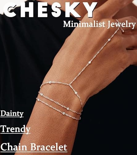 CHESKY Silver Hand Chain Bracelets for Women Set - Dainty Silver Plated Finger Ring Bracelet Stack Adjustable Hand Chains Durable Beaded Bracelets Trendy Simple Jewelry Gift for Women thumbnail 4