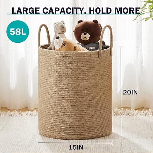 Jute Rope Laundry Hamper Basket by YOUDENOVA, 58L Tall Laundry Basket, Baby Nursery Hamper for Blanket Storage for Bedroom-Large-Jute thumbnail 2
