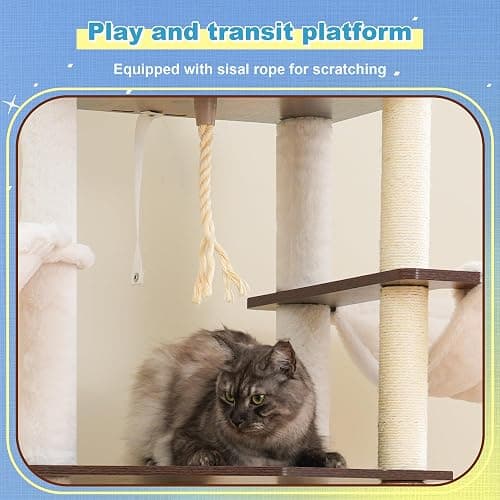 Hey-brother Wooden Cat Tree, 69.7 inch Cats Furniture Tower with Large Platforms, Hammocks, Spacious Condo, Full Sisal Scratching Posts, Ladder, Brush, Water Proof Surface, Rustic Brown MPJ121SR thumbnail 4