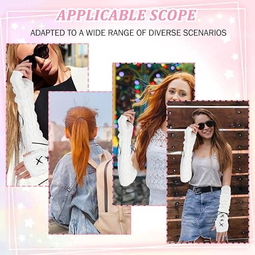 Arm Warmers Cute Y2k Harajuku Japanese Style Long Fingerless Gloves for Women Girls, Cold Weather Fsahion Lotila Arm Sleeve Thumb Hole Gloves (15.7Inch)(White) thumbnail 4